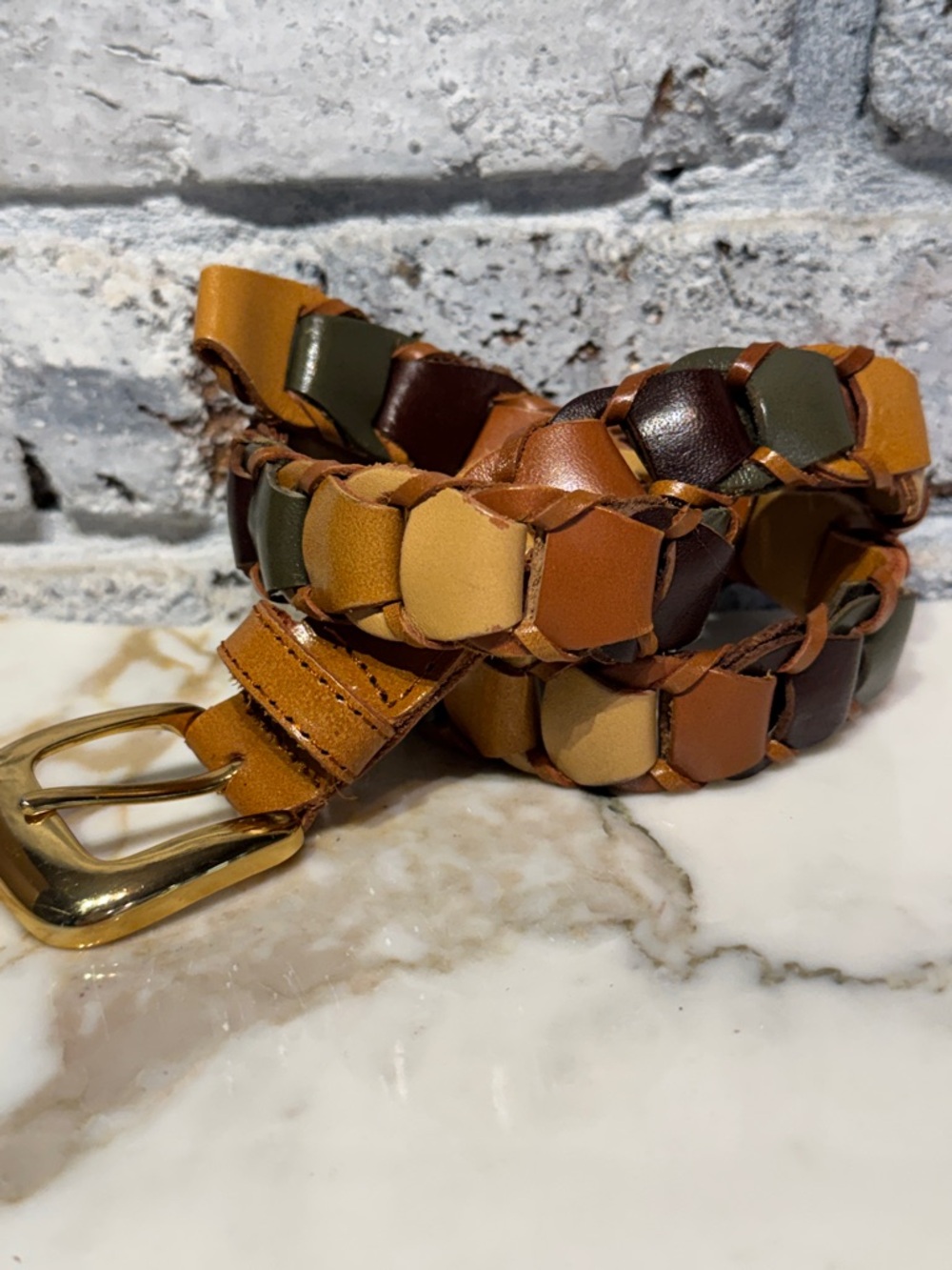 Woven Multi-Tone Leather Belt with Gold Buckle